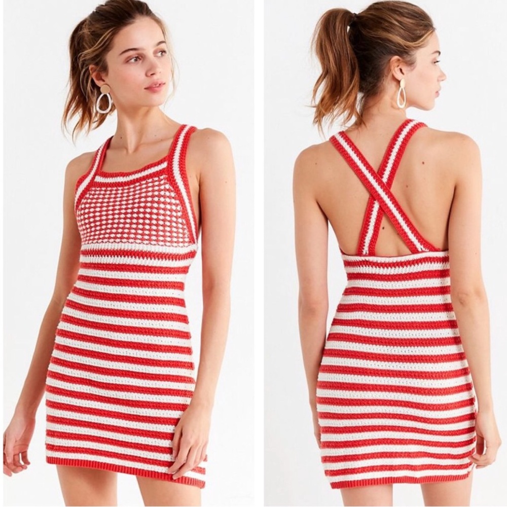 Red and White Striped Crochet Knit Tank Dress